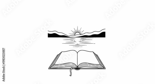 Open book with sunrise over mountains reflected in water