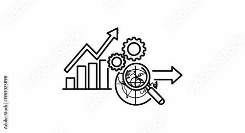 Global business growth analysis with upward trend, gears, and magnifier