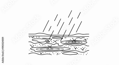 Rain falling, creating ripples and splashes in puddles on a textured ground