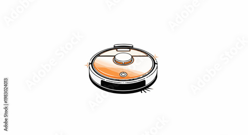 Round automated cleaning device with power button and orange accent
