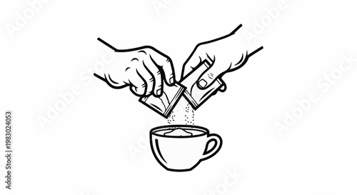 Hands pour granular contents from two packets into a steaming cup of beverage