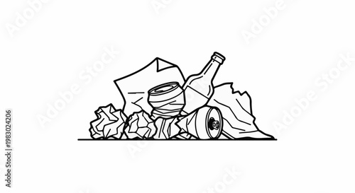 A pile of crumpled paper, flattened cans, and a bottle, symbolizing waste