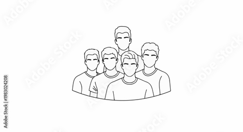 Group of five young men in a stylized, minimalist line art illustration