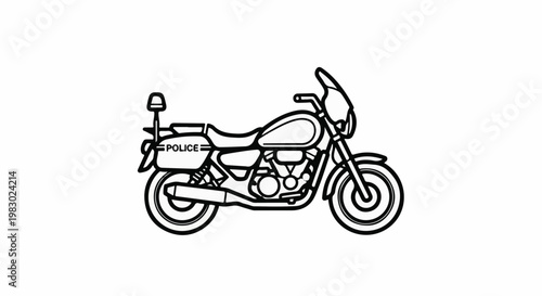 Line art illustration of a black and white police motorcycle with a siren