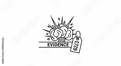 Graphic depiction of an explosion with "EVIDENCE" and tag "62/3" attached