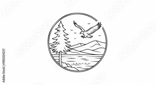 Majestic eagle soars over serene lake and pine forest with distant mountains