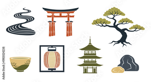Set of Japanese culture icons and Zen garden symbols in flat design