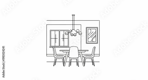 Minimalist dining area with table, chairs, window, and framed art
