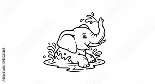 Cute cartoon elephant splashing water with trunk raised