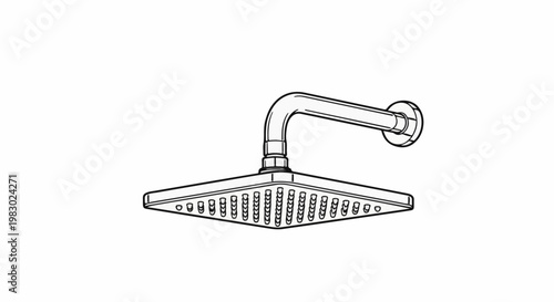 Stylized line drawing of a modern square overhead shower head on an angled arm
