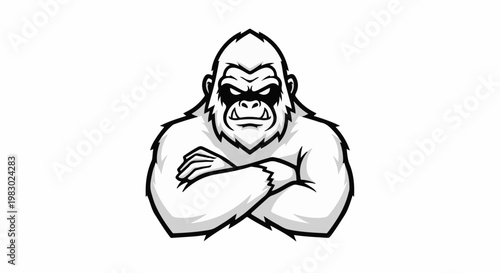 Fierce white gorilla with crossed arms, black eyes, and menacing grin