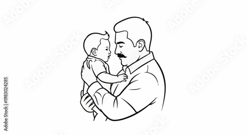 Father holds baby lovingly, black and white outline drawing