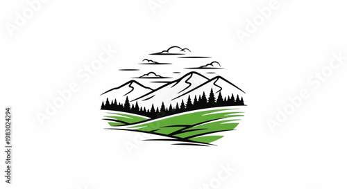Stylized mountain range with evergreen trees and rolling green hills