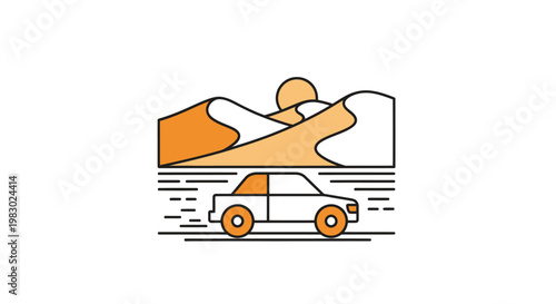 Car driving through desert dunes under the sun.