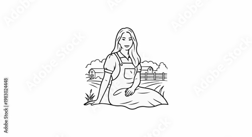 Woman in overalls sitting in a field with barns and fence in background