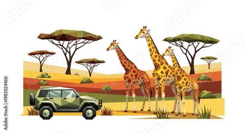 Safari trip with giraffes in the African savanna