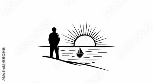 Silhouette of person by sea at sunrise with sailboat, graphic art