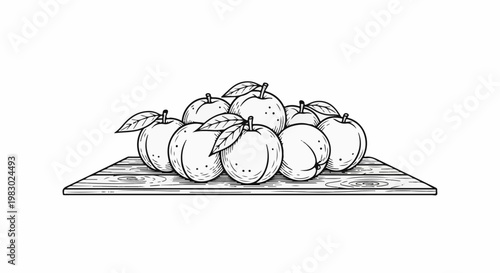 A pile of sketched fruits with leaves sits atop a wooden plank