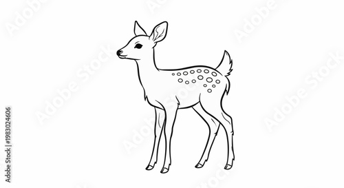 Simple black and white line drawing of a spotted fawn standing gracefully