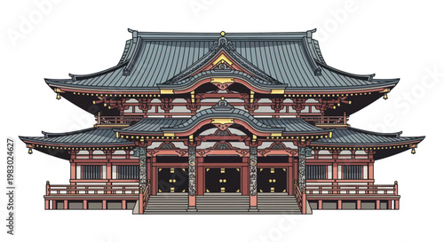 Japanese Temple Building Illustration with Traditional Asian Architecture