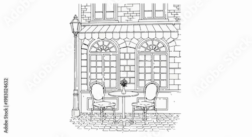 A Parisian cafe scene with two chairs and a table outside
