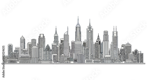Detailed line art drawing of a modern city skyline against a clear white background.
