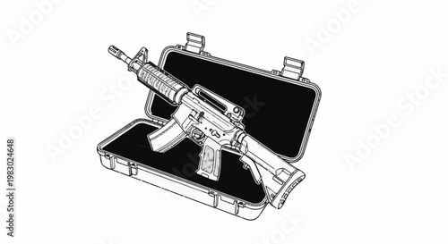 A rifle rests inside its opened protective case