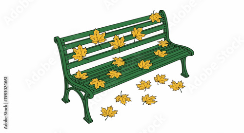 A park bench with yellow autumn leaves scattered on and around it