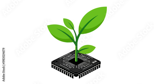 A green plant sprouts from a microchip, symbolizing sustainable technology and innovation.