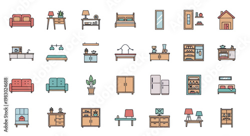Collection of modern home furniture and household item icons.