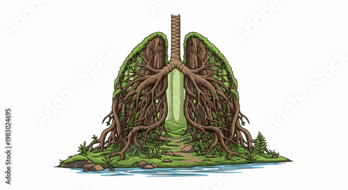 A pixel-art forest in the shape of lungs with a path