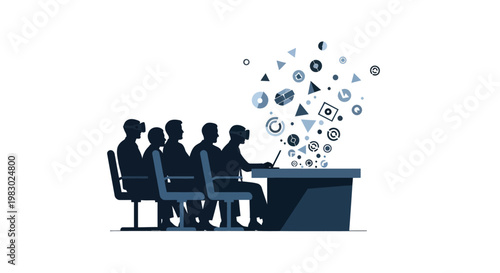 Silhouette of people using virtual reality headsets in a collaborative workspace