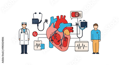 Cardiology healthcare concept with human heart anatomy, doctor, and patient illustrations.