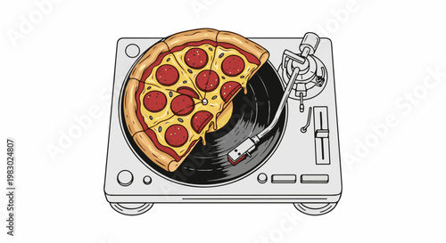 A pepperoni pizza slice rests on a turntable playing a record