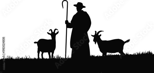 Shepherd Silhouette, Goat Herding, Black Icon, Rural Scene, Vector Graphic