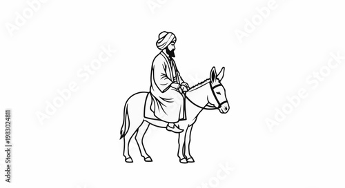 Man in turban rides donkey, simple line drawing