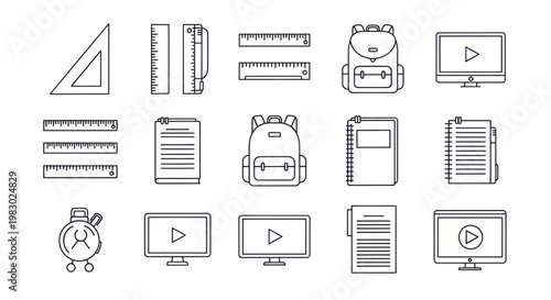 Collection of school supply and online education line icons