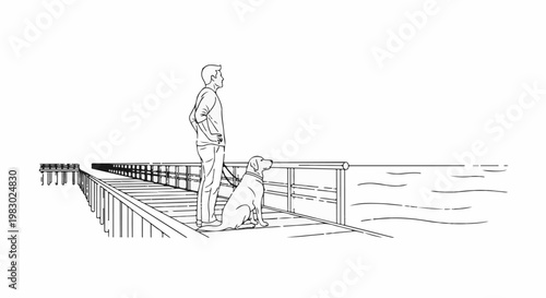 A person and their dog stand on a pier, looking out over the water