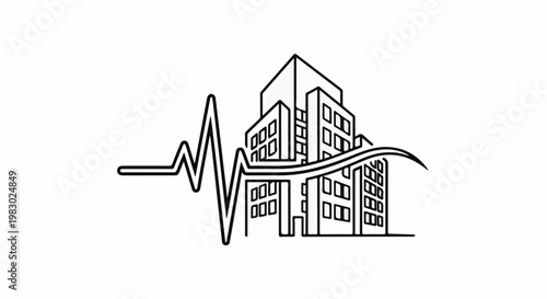 Modern cityscape silhouette with a heartbeat line