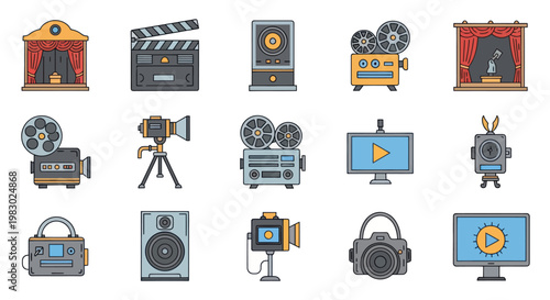 Collection of cinema and movie production icons in flat vector style
