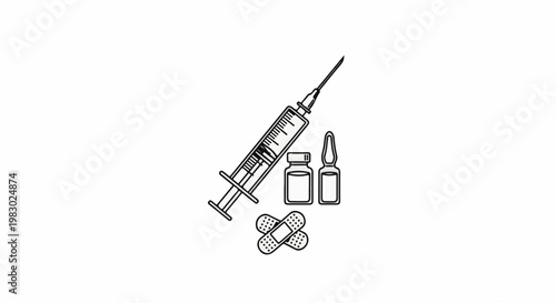 Medical syringe with vials and bandages on a white background