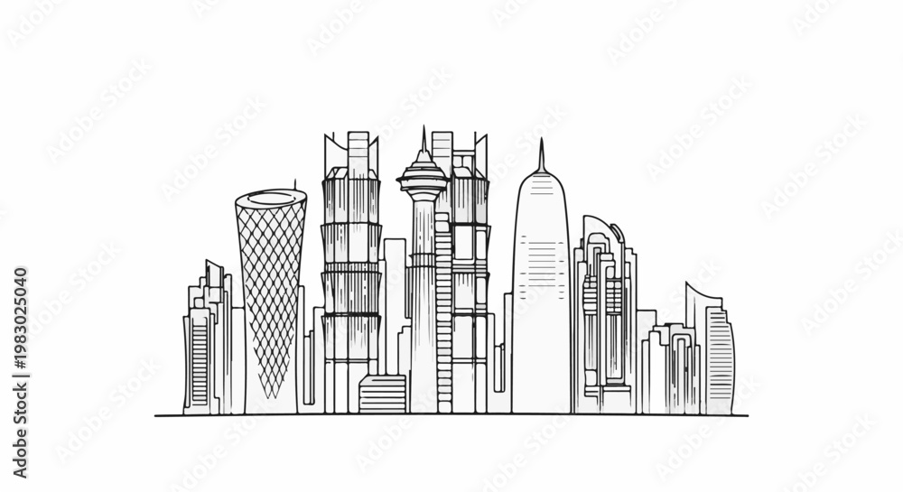 Fototapeta premium A minimalist line drawing of a modern city skyline with varied skyscraper designs