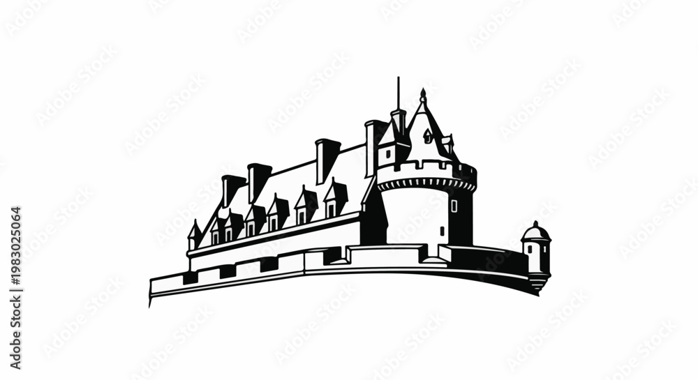 Obraz premium Ornate black and white illustration of a castle with turrets and dormer windows
