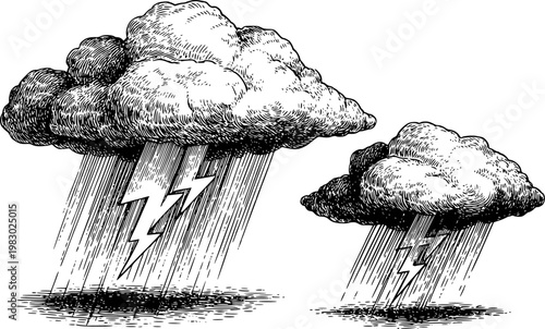 Vintage of storm clouds with lightning and rain white background, weather