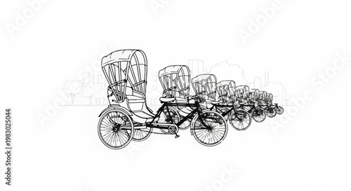 A line of vintage rickshaws drawn against a faint city and trees backdrop
