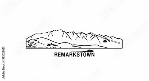 Mountain landscape with gondola lift and a boat below