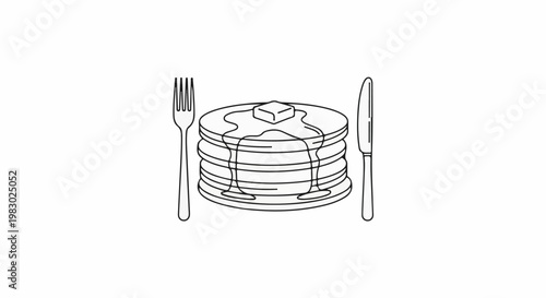 Stack of syrup-drenched pancakes with butter, served with fork and knife