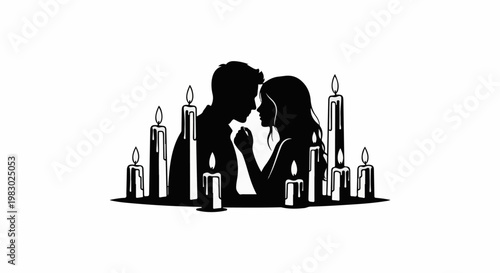 Couple embracing romantically surrounded by lit candles