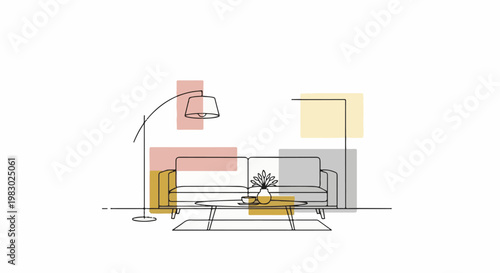 Minimalist living room sketch with a sofa, table, and floor lamps