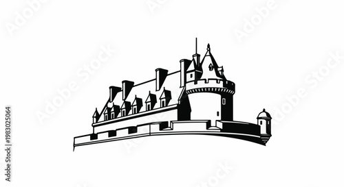 Ornate black and white illustration of a castle with turrets and dormer windows